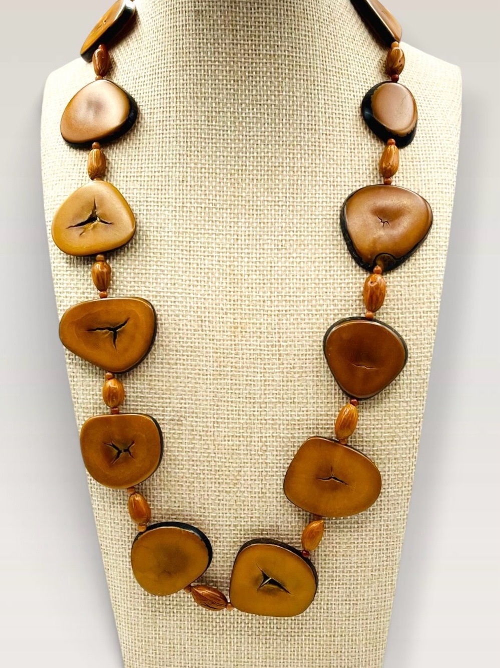Vintage Handmade Tagua Nut Slices Boho Statement Necklace Brown